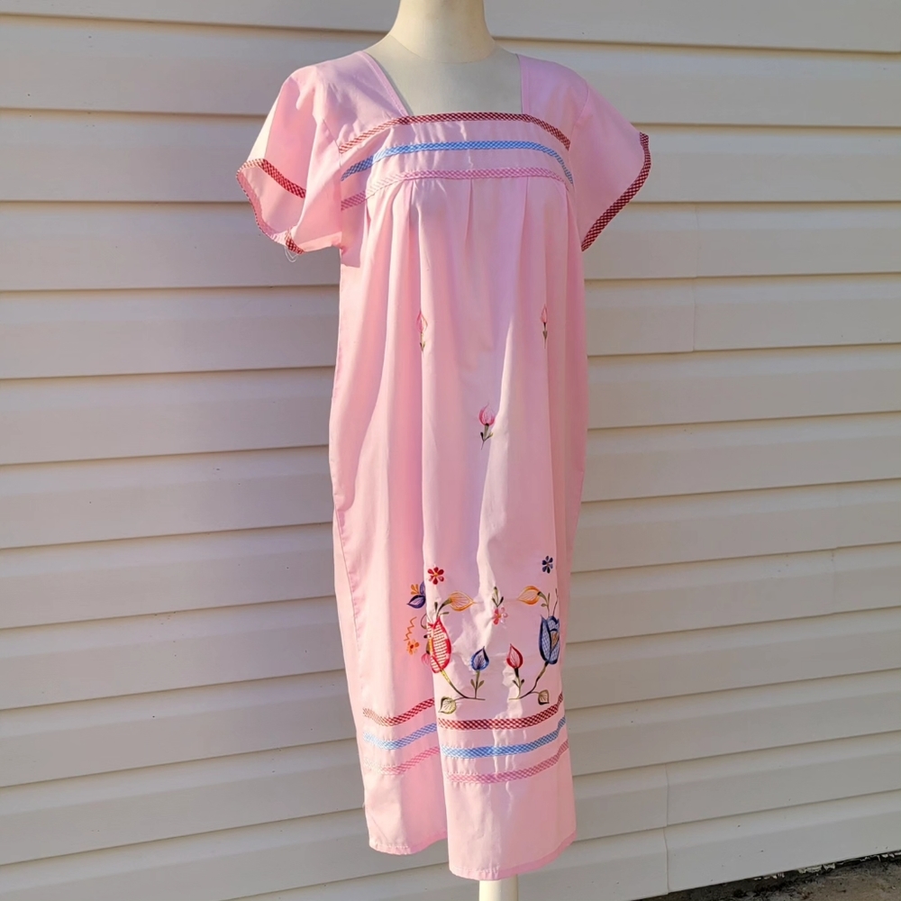 Vintage Mumu in Bright Pink with Gingham Floral Applique and Embroidery